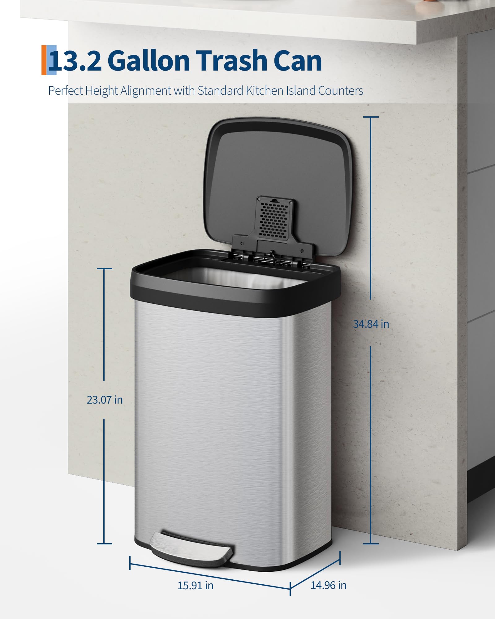 Garvee 13 gal / 50 L Stainless Steel Trash Can with Lid, Large Garbage Can for Kitchen, Rustproof Step-on Kitchen Metal Trash Bin with Liner Rim, Rear Handle, Soft Close Plastic Lid, Silver 🍁 All In One Marketplace Canada