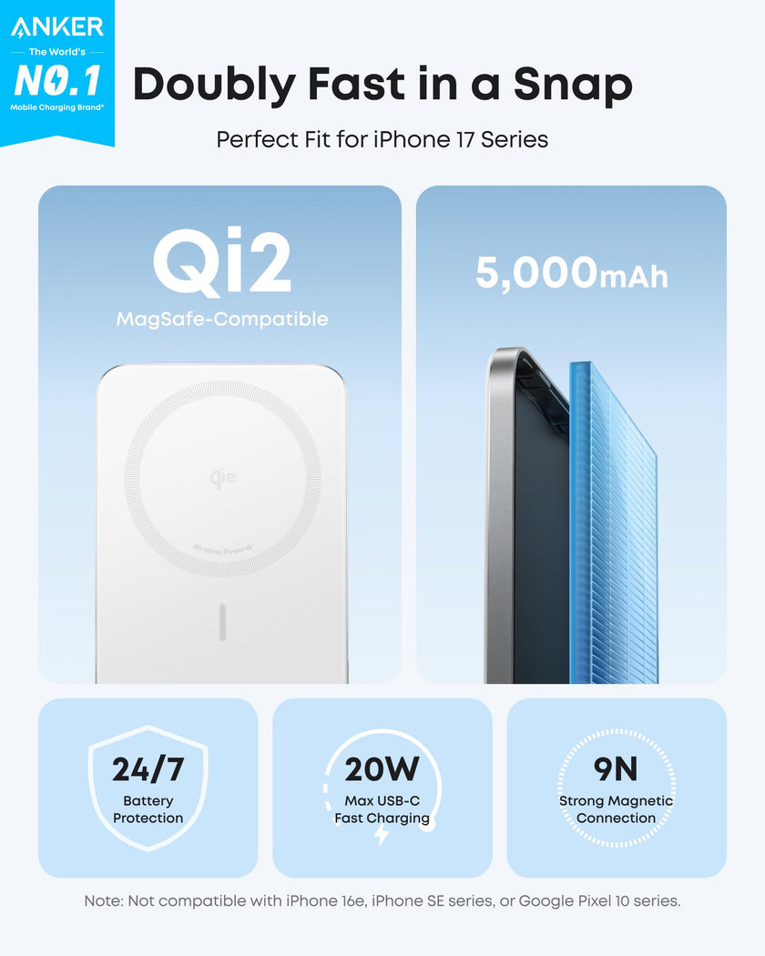 Anker Nano Power Bank, Ultra-Slim 5,000mAh Magnetic Battery Pack, Qi2 Certified 15W Max Ultra-Fast MagSafe-Compatible Portable Charger, Ergonomic Design, for iPhone 17/16/15/14/13/12 Series Only 🍁 All In One Marketplace Canada