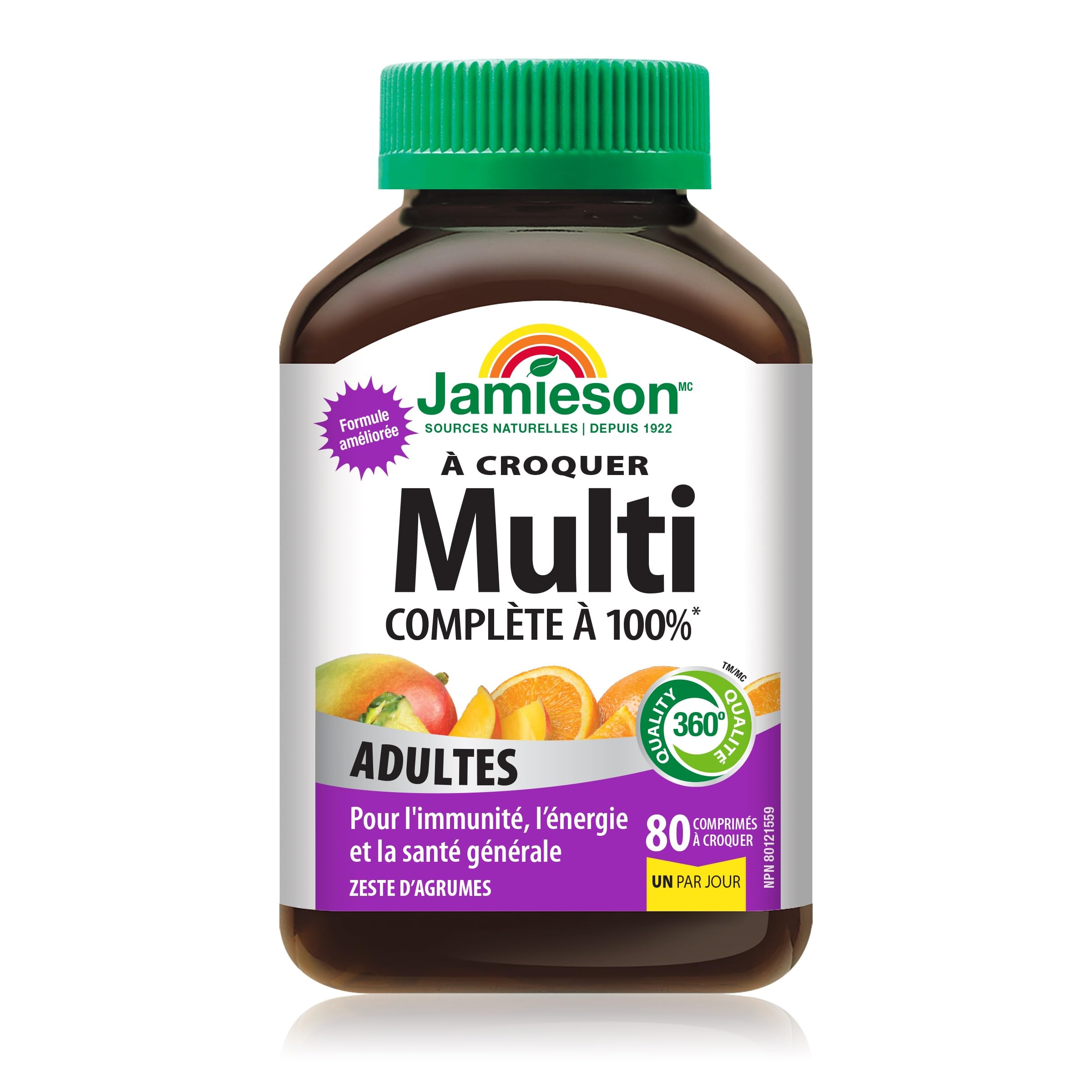 Jamieson 100% Complete Multivitamin Chewable for Adults Citrus Twist Flavour, with Lutein, Calcium, and Biotin. Supports Immunity, Energy, and Overall Health, No Artificial Colours, Flavours, or Preservatives, One Per Day, 80 Count