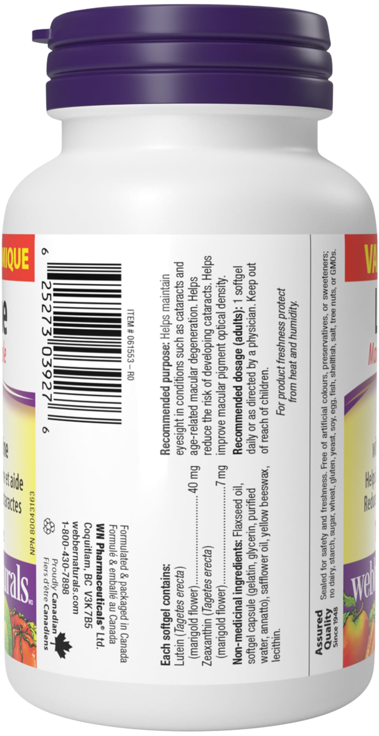 Webber Naturals Lutein 40 mg, 120 Softgels, Maximum Strength Eye Support Supplement with Zeaxanthin 🍁 All In One Marketplace Canada