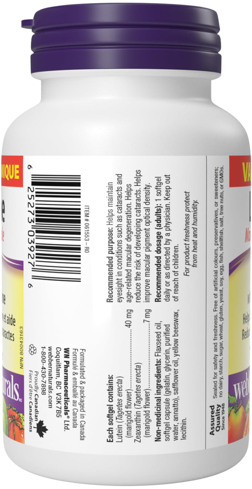 Webber Naturals Lutein 40 mg, 120 Softgels, Maximum Strength Eye Support Supplement with Zeaxanthin 🍁 All In One Marketplace Canada