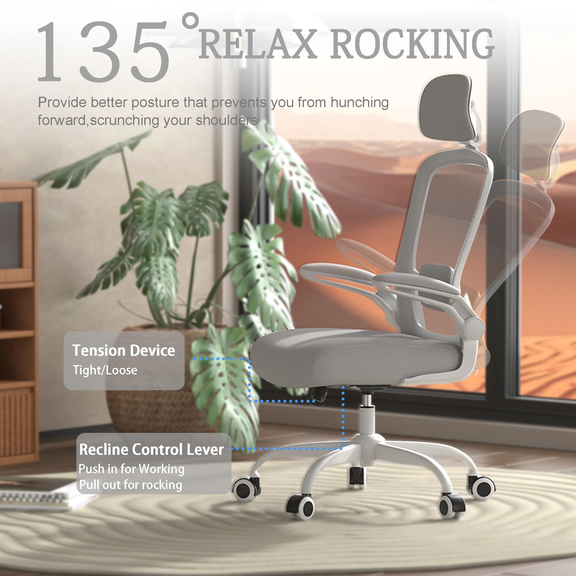 Mimoglad Office Chair, Comfy Desk Chair - High Back Ergonomic Computer Chair with Adjustable Lumbar Support & Headrest, Flip-up Armrests for Guitar Playing (Moon Grey) 🍁 All In One Marketplace Canada