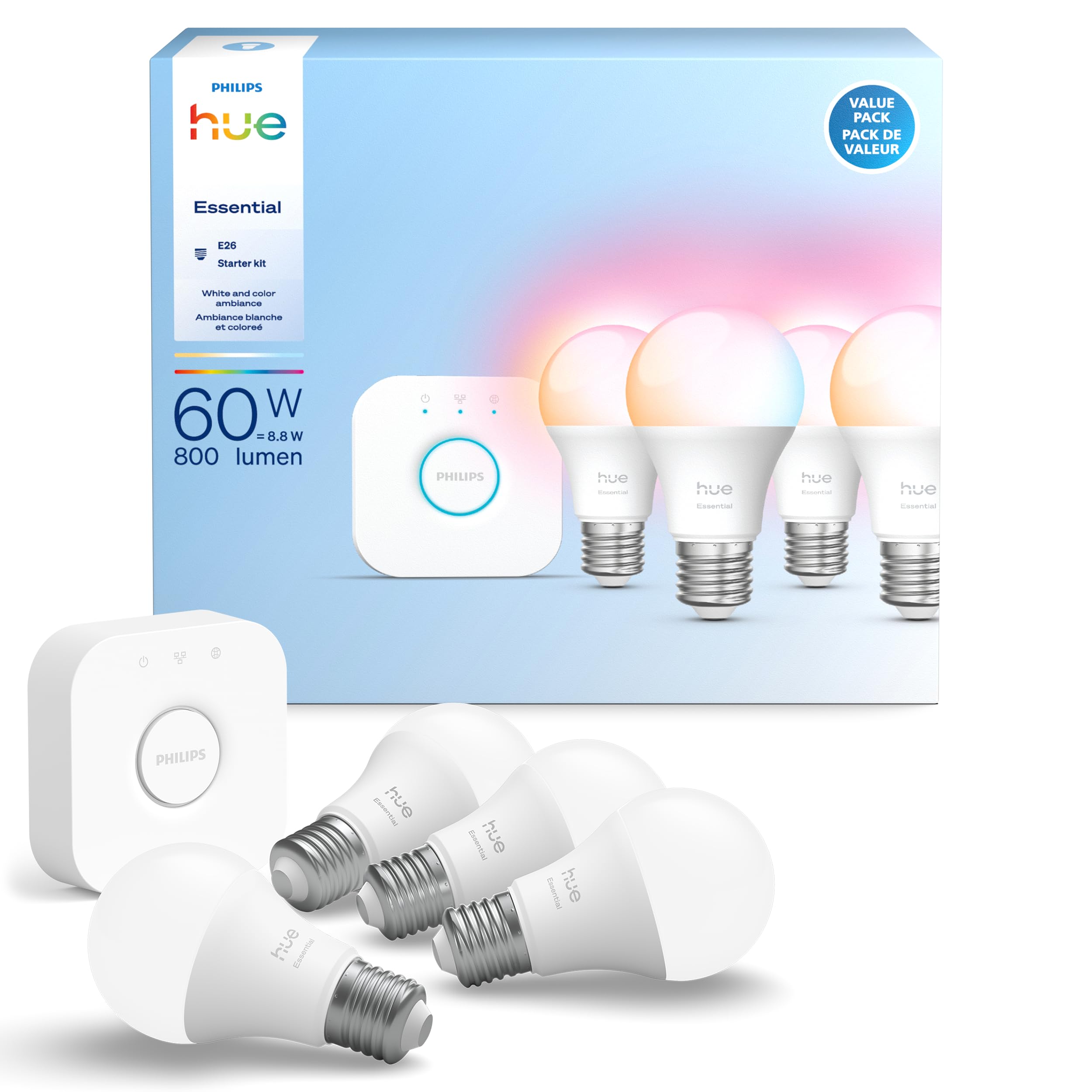 Philips Hue Essential Starter Kit: Bridge + 4 Essential E26 Smart Bulbs, White and Color Ambiance, 2200K-6500K, Dimmable, Works with Alexa, Google Assistant, Samsung SmartThings, Apple Home 🍁 All In One Marketplace Canada