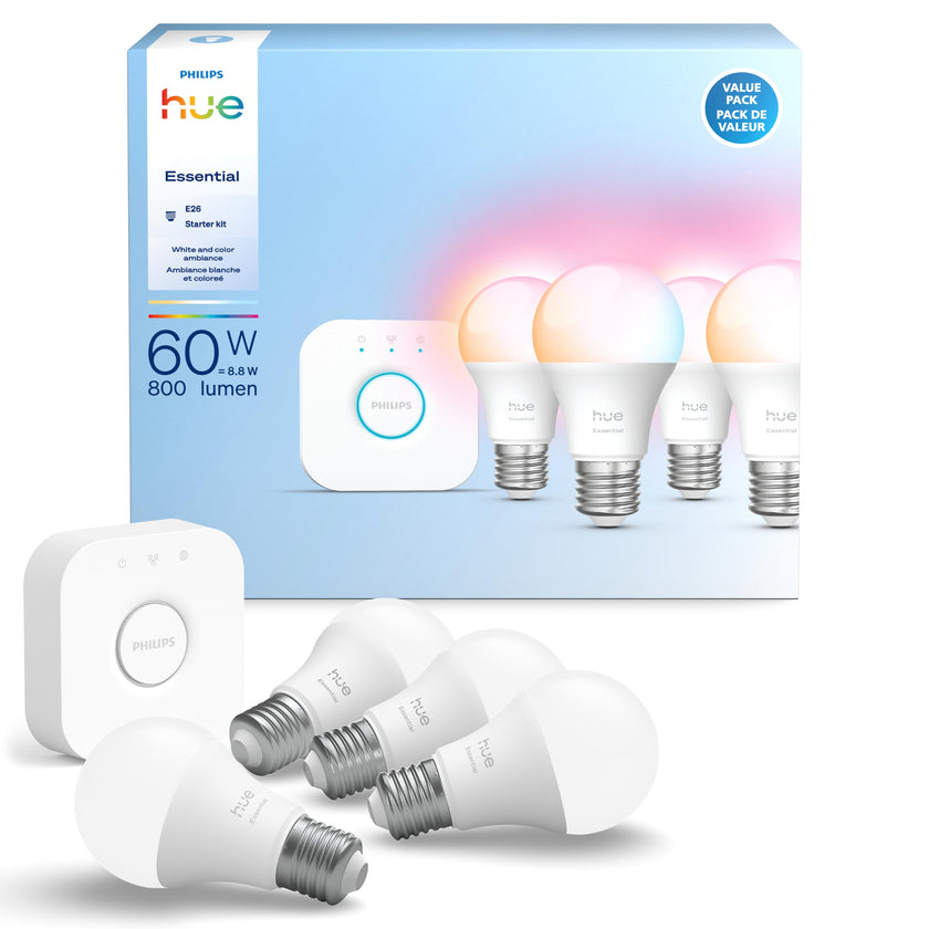 Philips Hue Essential Starter Kit: Bridge + 4 Essential E26 Smart Bulbs, White and Color Ambiance, 2200K-6500K, Dimmable, Works with Alexa, Google Assistant, Samsung SmartThings, Apple Home 🍁 All In One Marketplace Canada