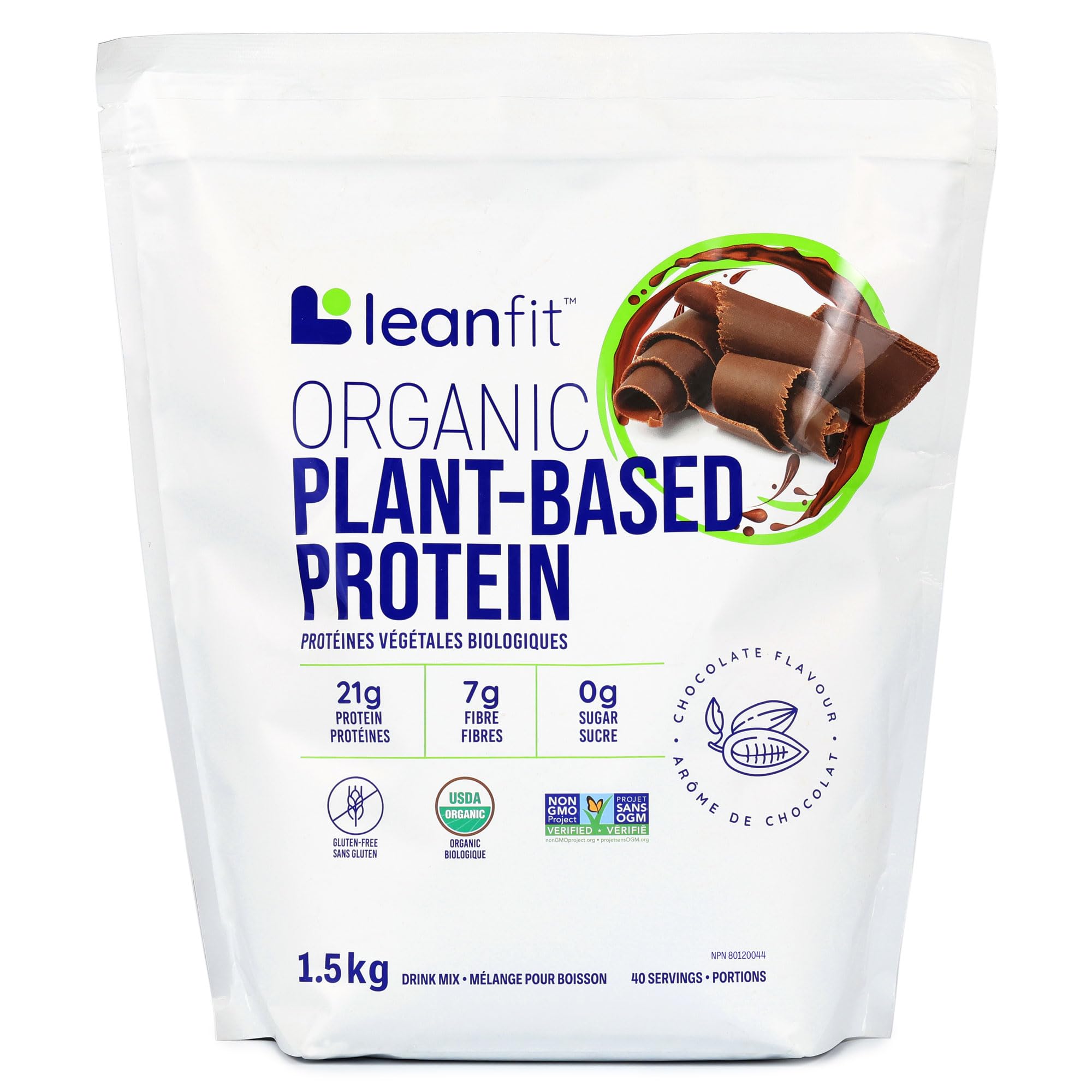 LEANFIT ORGANIC PLANT-BASED PROTEIN, Natural Chocolate - Vegan, Soy Free, Gluten Free, Dairy Free, Sugar Free - 21g Protein, 40 Servings, 1.5kg Bag 🍁 All In One Marketplace Canada