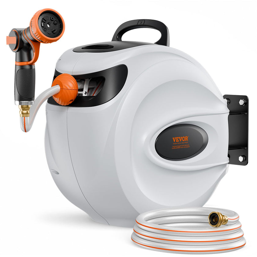 VEVOR Retractable Hose Reel, 115 ft x 1/2 inch, 180° Swivel Bracket Wall-Mounted, Garden Water Hose Reel with 9-Pattern Nozzle, Automatic Rewind, Lock at Any Length, and Slow Return System 🍁 All In One Marketplace Canada