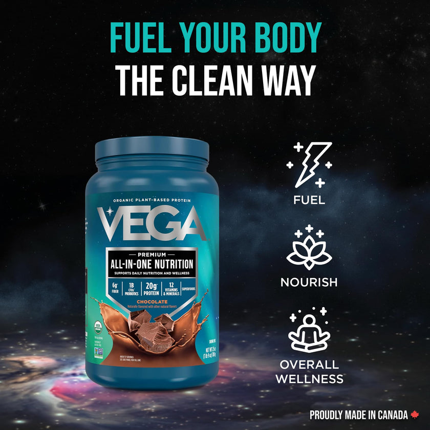 Vega Premium All-in-One Nutrition Protein Powder – 20g Plant-Based Vegan Protein, Vitamins & Probiotics, Chocolate, 876g (19 Servings) 🍁 All In One Marketplace Canada