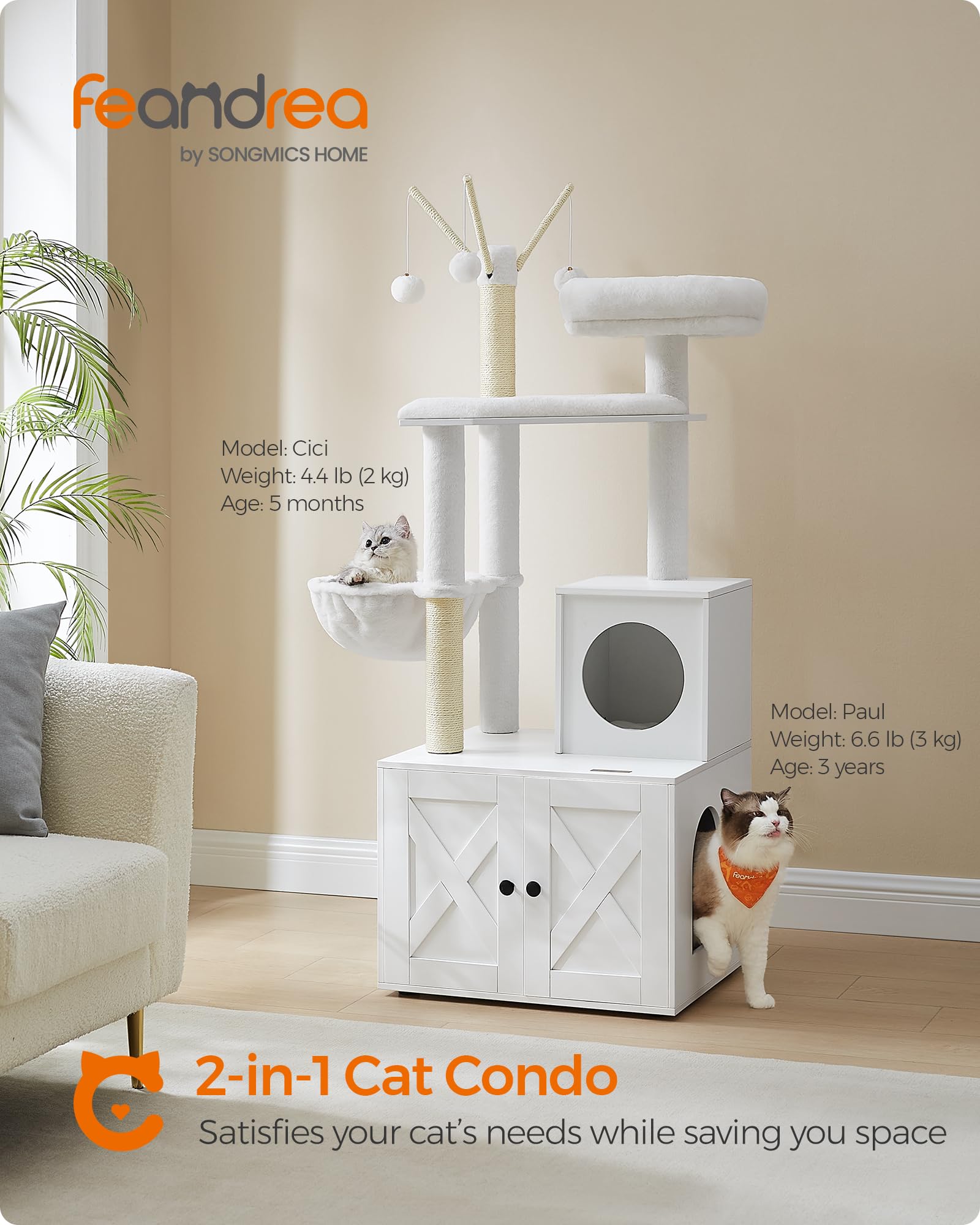 Feandrea WoodyWonders Cat Tree with Litter Box Furniture Hidden Enclosure, 2-in-1 Modern Tower, Cat Condo with Scratching Posts, Removable Pompom Sticks, Cloud White UPCT113W01 🍁 All In One Marketplace Canada