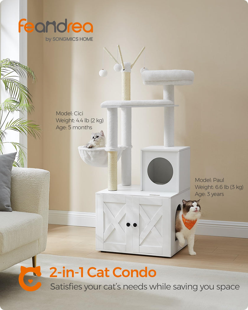 Feandrea WoodyWonders Cat Tree with Litter Box Furniture Hidden Enclosure, 2-in-1 Modern Tower, Cat Condo with Scratching Posts, Removable Pompom Sticks, Cloud White UPCT113W01 🍁 All In One Marketplace Canada