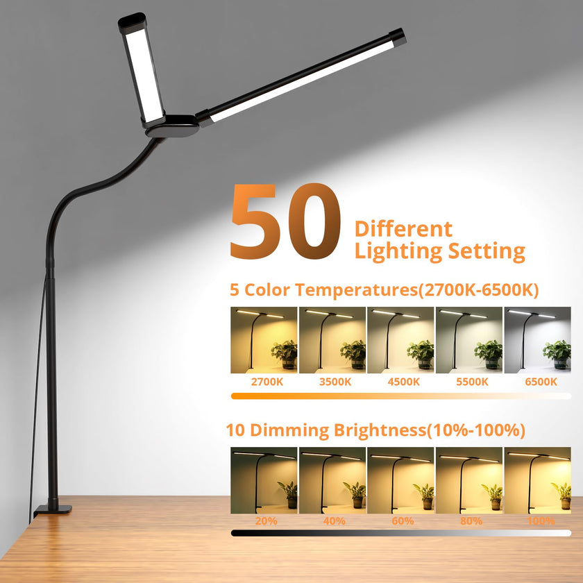 Desk Lamp with Clamp, Eye-Caring Desk Light with 50 Lighting Modes, Wide Double Head, Adjustable Architect Light Flexible Neck, Table lamp for Home Office, Computer, Craft(Includes Adapter) 🍁 All In One Marketplace Canada