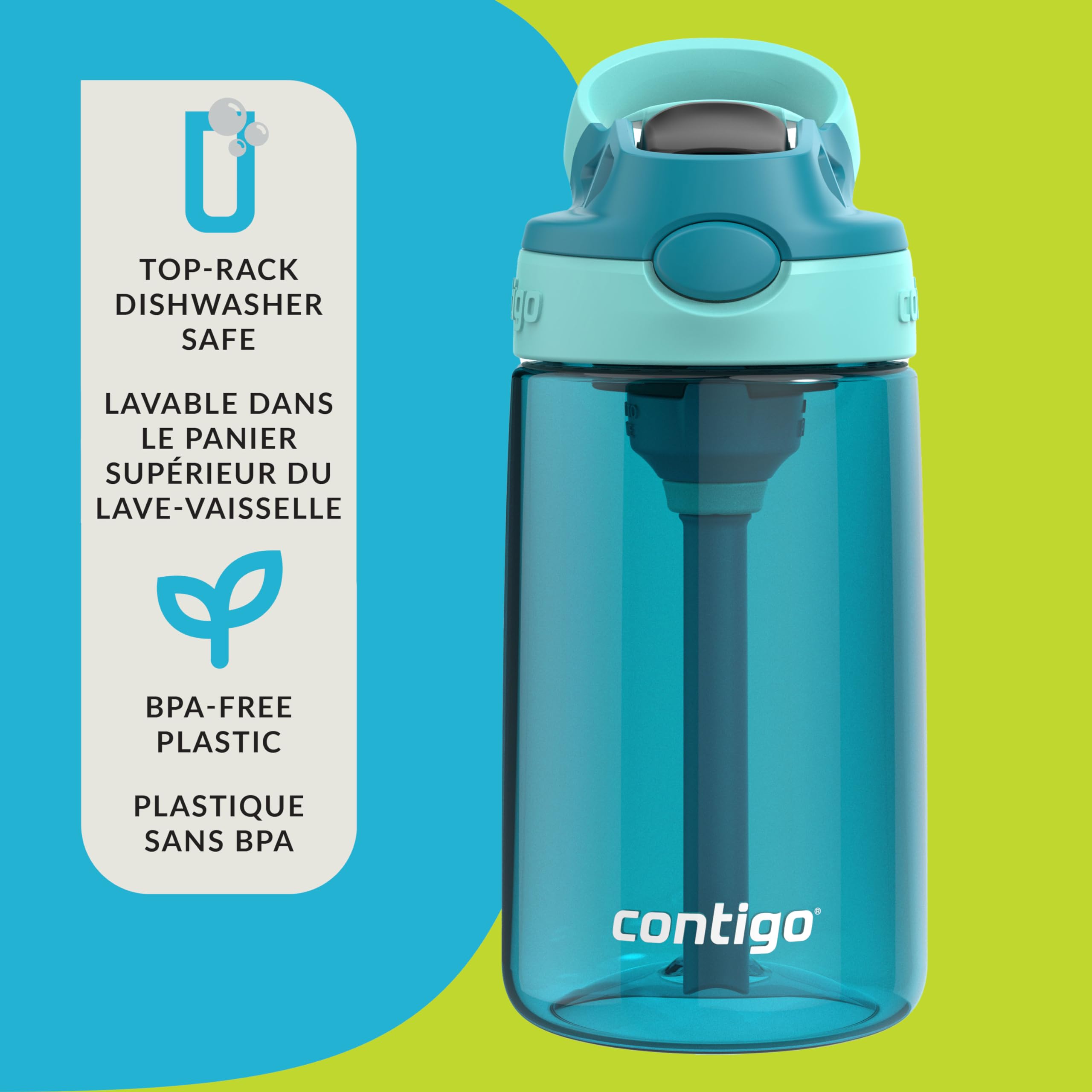 Contigo Kids Aubrey Straw Water Bottle with Leak-Proof Lid, BPA-Free Plastic, Dishwasher Safe, Juniper Jade Vine, 14 oz (414 mL) 🍁 All In One Marketplace Canada