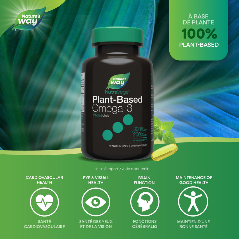 Nature’s Way NutraVege Plant-Based Omega-3 – 300mg EPA + 200mg DHA – Supports Heart, Brain & Eye Health – Plant Based – 30 Softgels 🍁 All In One Marketplace Canada