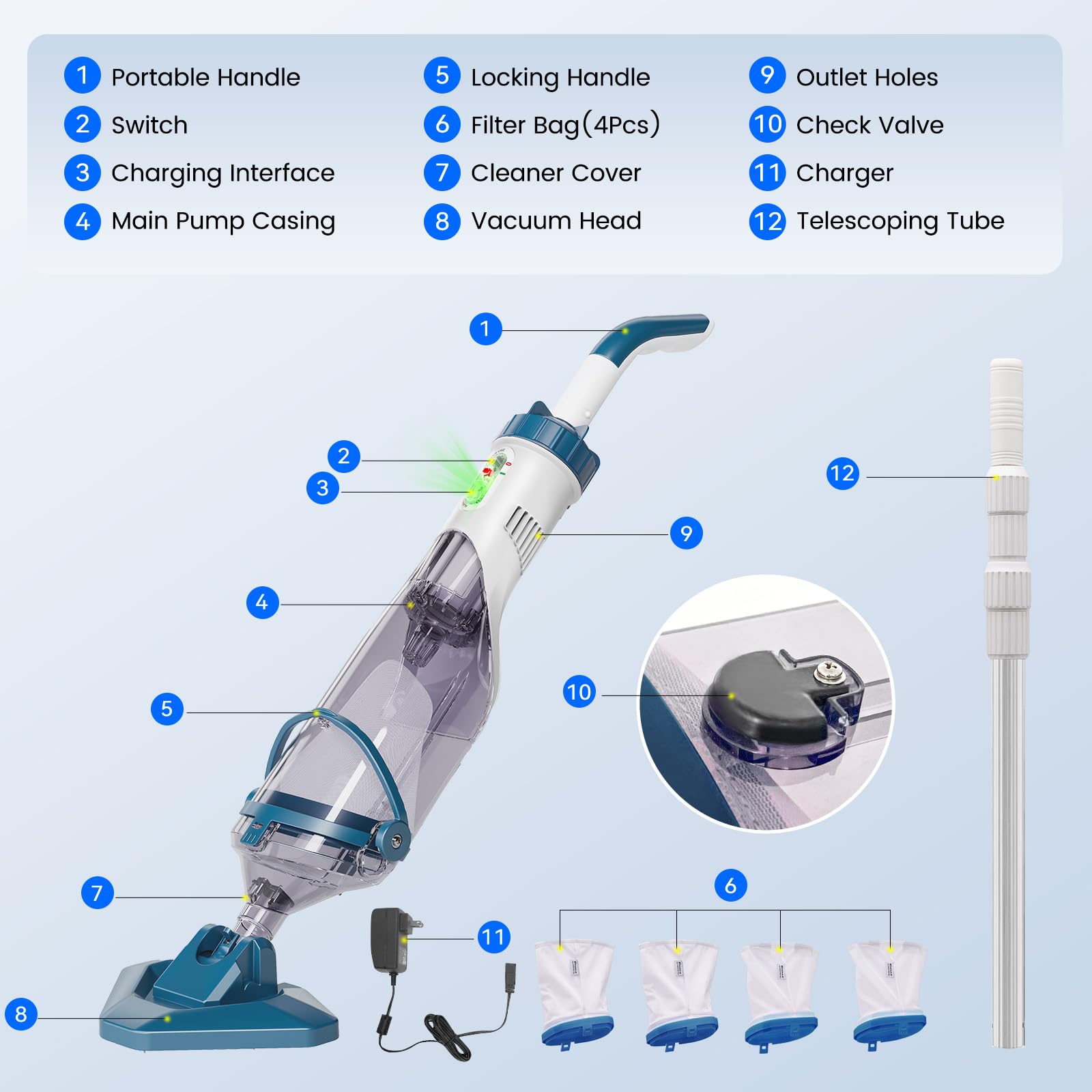 Enhulk Pool Vacuum for Above Ground Pool with Powerful Suction up to 18.5 gallons/min, Running time up to 1H, Handheld Rechargeable Pool Cleaner with a Telescopic Pole, PC10 🍁 All In One Marketplace Canada