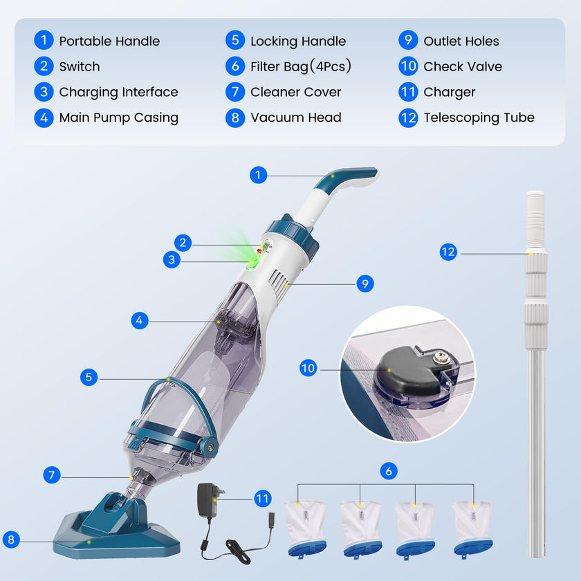 Enhulk Pool Vacuum for Above Ground Pool with Powerful Suction up to 18.5 gallons/min, Running time up to 1H, Handheld Rechargeable Pool Cleaner with a Telescopic Pole, PC10 🍁 All In One Marketplace Canada