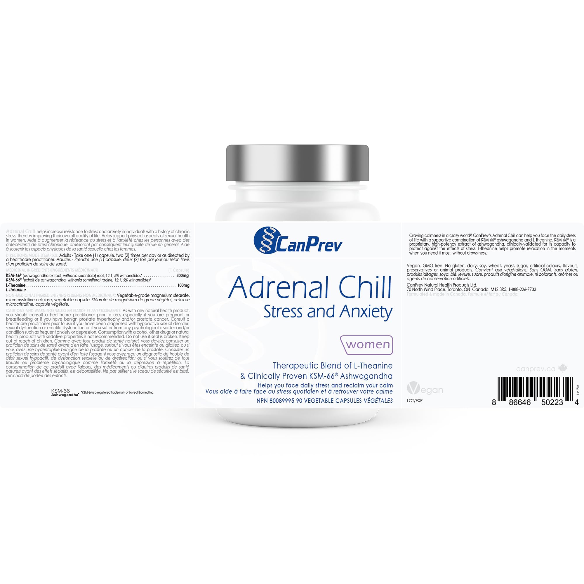 CanPrev Adrenal Chill Women, 90 Veg Capsules, 45-Day Supply with 300mg KSM-66 Ashwagandha & L-Theanine for Calm Focus & Relaxation, Non-GMO, Made in Canada 🍁 All In One Marketplace Canada