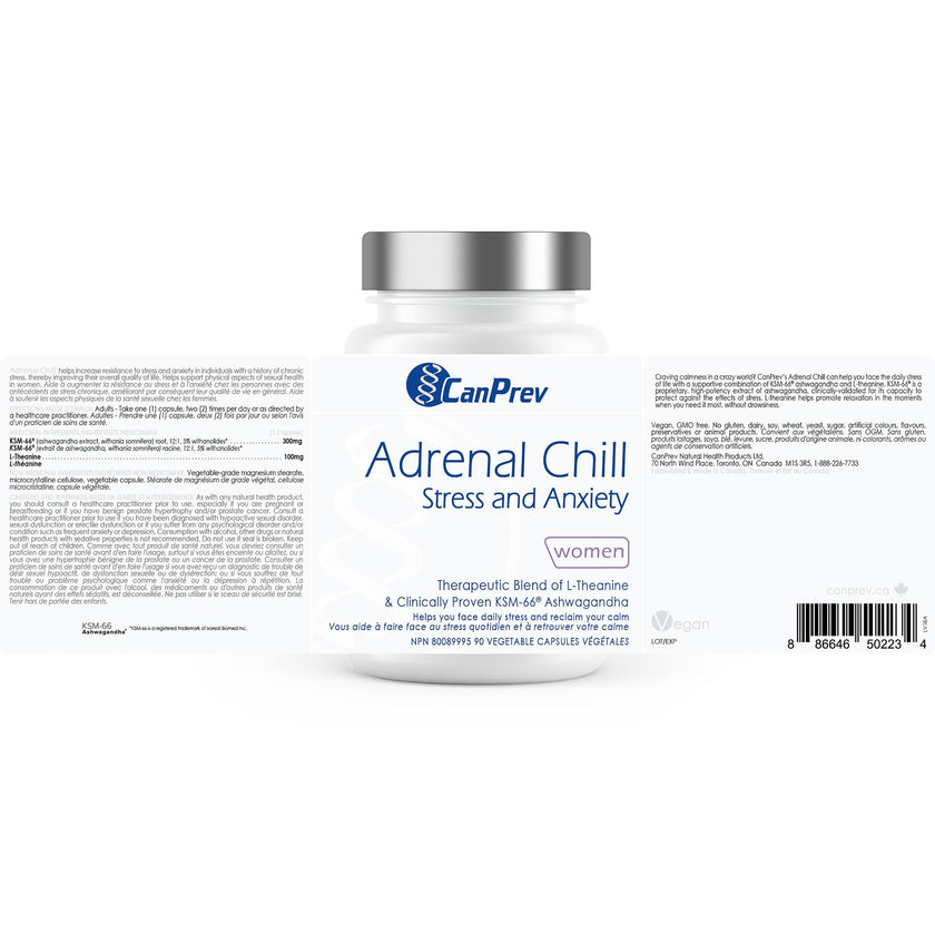CanPrev Adrenal Chill Women, 90 Veg Capsules, 45-Day Supply with 300mg KSM-66 Ashwagandha & L-Theanine for Calm Focus & Relaxation, Non-GMO, Made in Canada 🍁 All In One Marketplace Canada