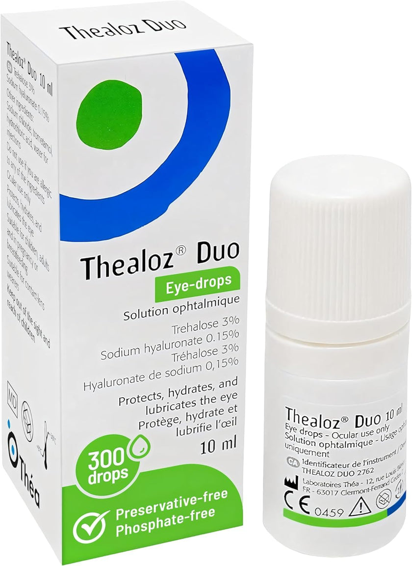 Thea Pharma Thealoz Duo Eye Drops, Clinically Proven for Dry Eyes, Hydration with Hyaluronic Acid & Trehalose, Tear Film Stabilization, Contact Lens Compatible - 10 ml (300 Drops) 🍁 All In One Marketplace Canada