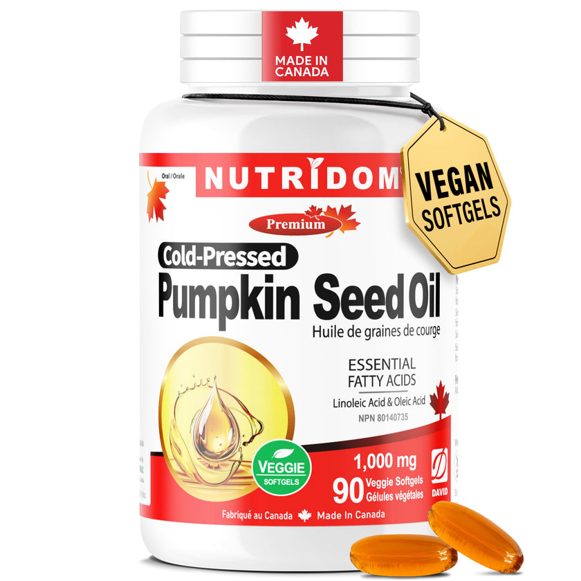 Nutridom Pumpkin Seed Oil Capsules 1000 mg, 90 Veggie Softgels, Cold-Pressed, Essential Fatty Acids, Linoleic & Oleic Acid, Vegan, Non-GMO, Gluten Free, Soy Free, Made in Canada 🍁 All In One Marketplace Canada
