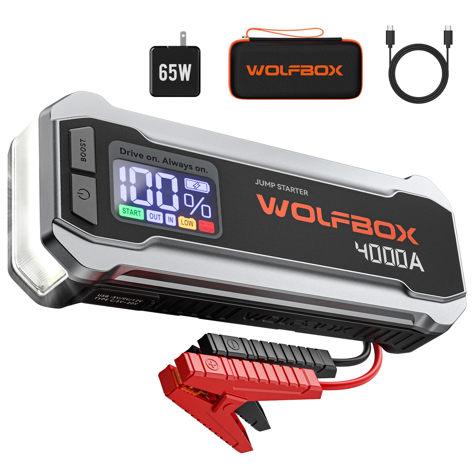WOLFBOX MV24 4000A Jump Starter,12V Car Booster Pack with 65W Quick Charger,LED Display, 88.8Wh Portable Jump Starter Battery (10L Gas 10L Diesel Engine) with LED Light, Jumper Cables 🍁 All In One Marketplace Canada