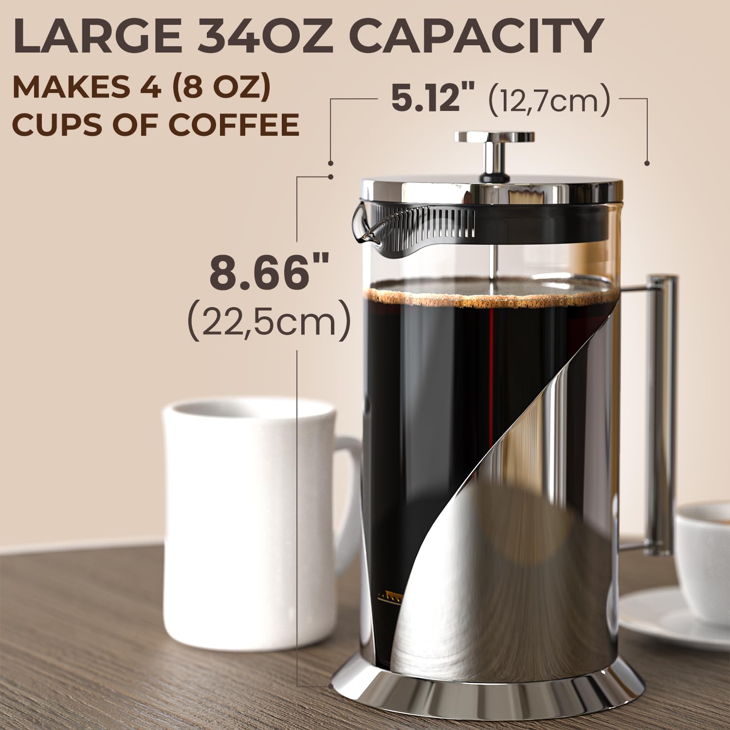French Press Coffee Maker 34oz – Stainless Steel & Glass Coffee Press with 4-Level Filtration, BPA-Free Cafetiere for Camping or Home – Large, Durable for Hot & Cold Brew 🍁 All In One Marketplace Canada
