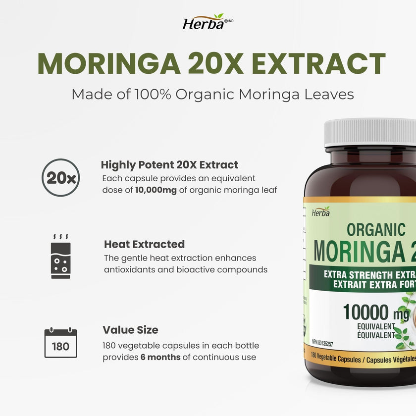 Herba 10,000MG Organic Moringa Capsules – 180 Count | Ultra Potent - 20:1 Extract | Made in Canada | Pure Moringa Capsules using Organic Moringa Powder 🍁 All In One Marketplace Canada