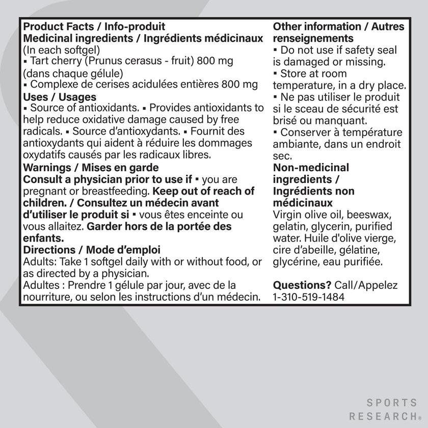 Sports Research® Tart Cherry Concentrate - Made from Organic Montmorency Tart Cherries - Fruit Complex - Non-GMO & Gluten Free Formula - 60 Liquid Softgels for Daily Use 🍁 All In One Marketplace Canada