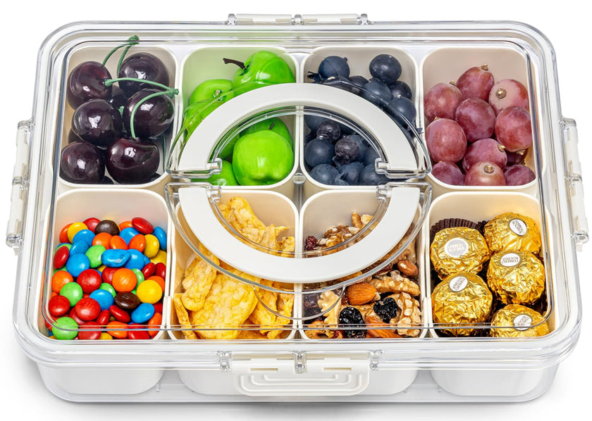 Pure Future Snackle Box Container with Handle - 8 Compartment Divided Serving Tray with Lid - Crystal Clear Charcuterie Box for Travel, Parties, Movie Nights & Daily Snacks (Hand Wash Only) 🍁 All In One Marketplace Canada