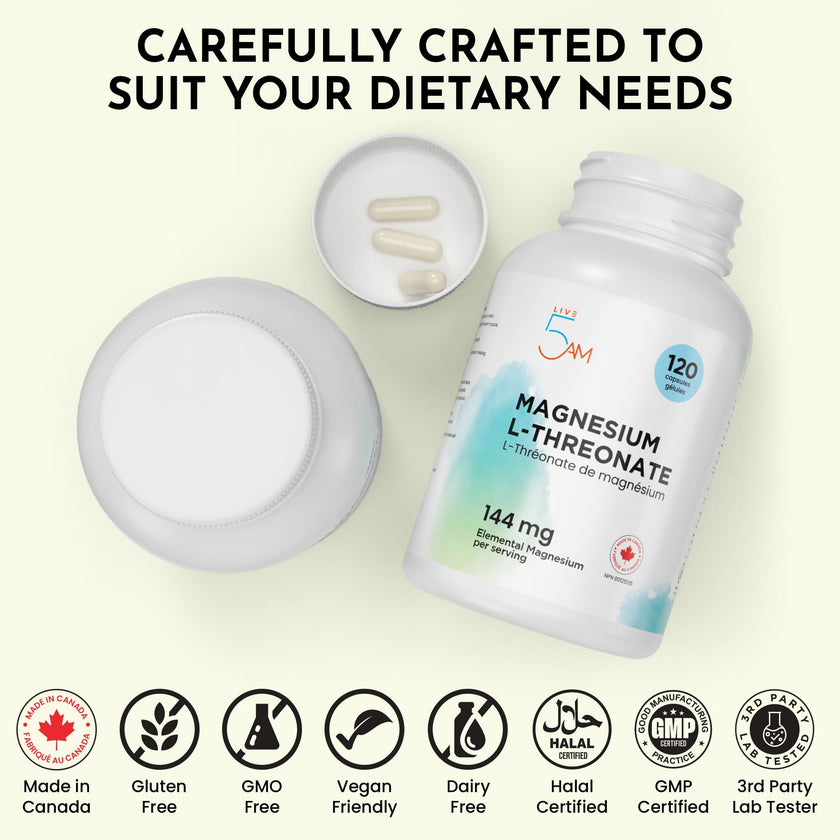 Live 5AM Magnesium L-Threonate | 144 mg Elemental Magnesium per 3 Capsules, Helps in Energy Metabolism, Bone and Teeth Maintenance, Muscle Function and Electrolyte Balance, 120 Vegan Capsules, Made in Canada 🍁 All In One Marketplace Canada
