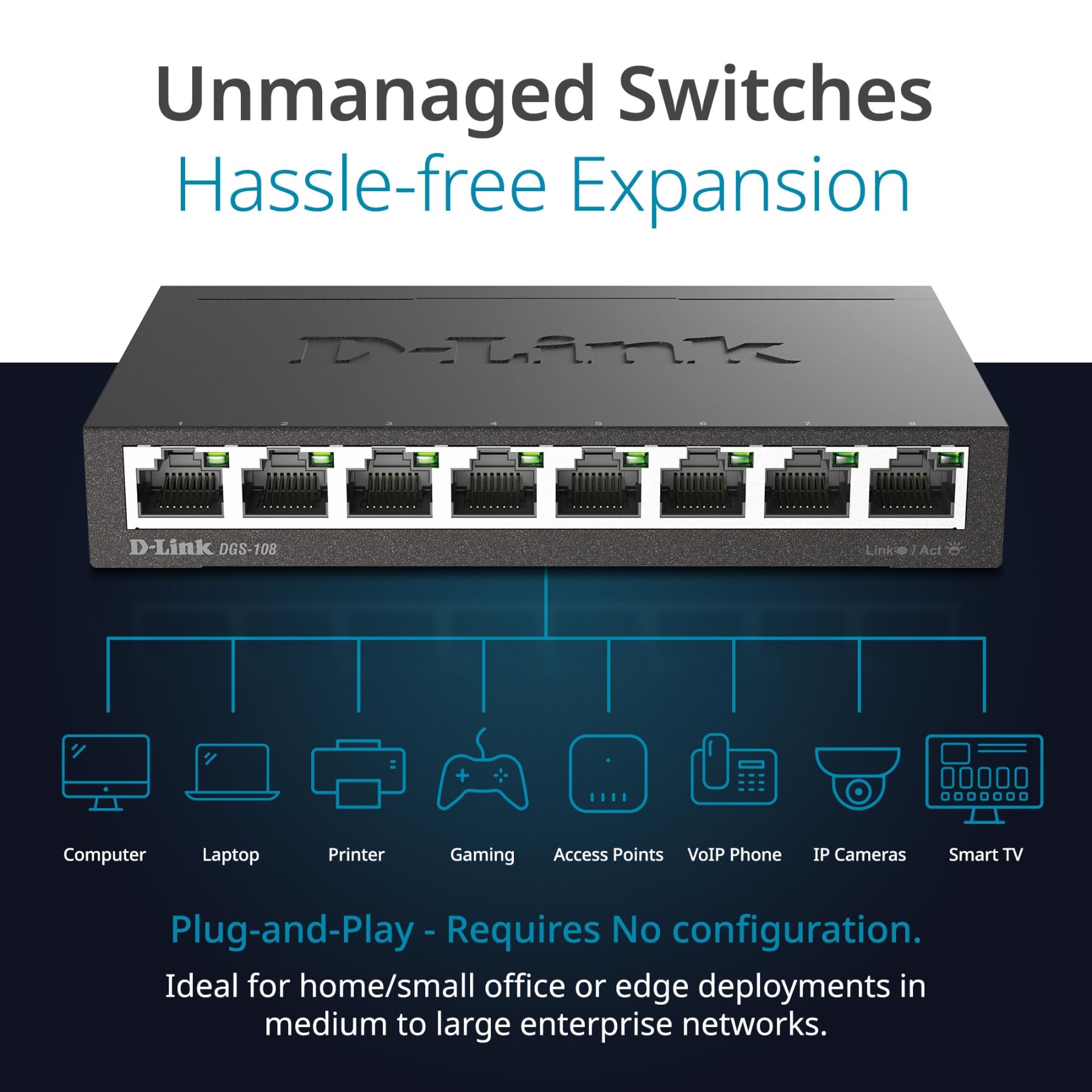 D-Link DGS-108, 8 Port Gigabit Ethernet Switch Unmanaged, Network Splitter, Silent Fanless, Network Hub, Sturdy Metal with Shielded Ports, Compact Desktop/Wall Mount, QoS, Energy Saving, Plug and Play 🍁 All In One Marketplace Canada