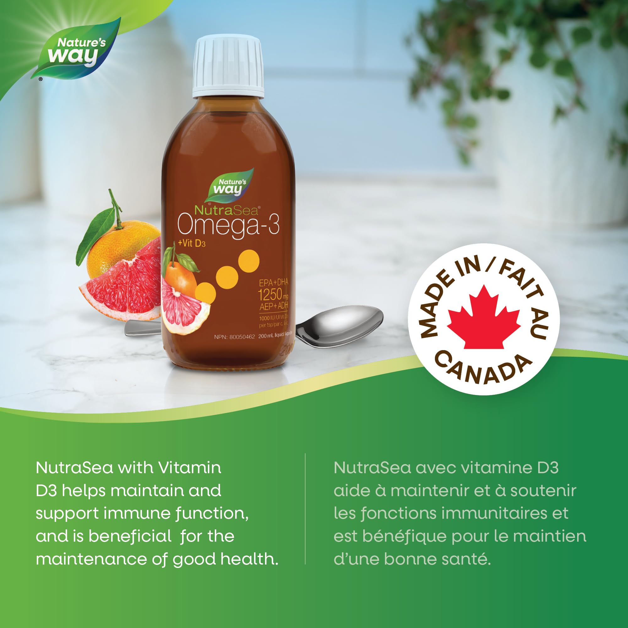 Nature's Way NutraSea Omega 3 + Vitamin D Fish Oil Liquid Supplement – Grapefruit Tangerine Flavour – 1250mg EPA & DHA + 1000IU D3, 200 mL 🍁 All In One Marketplace Canada