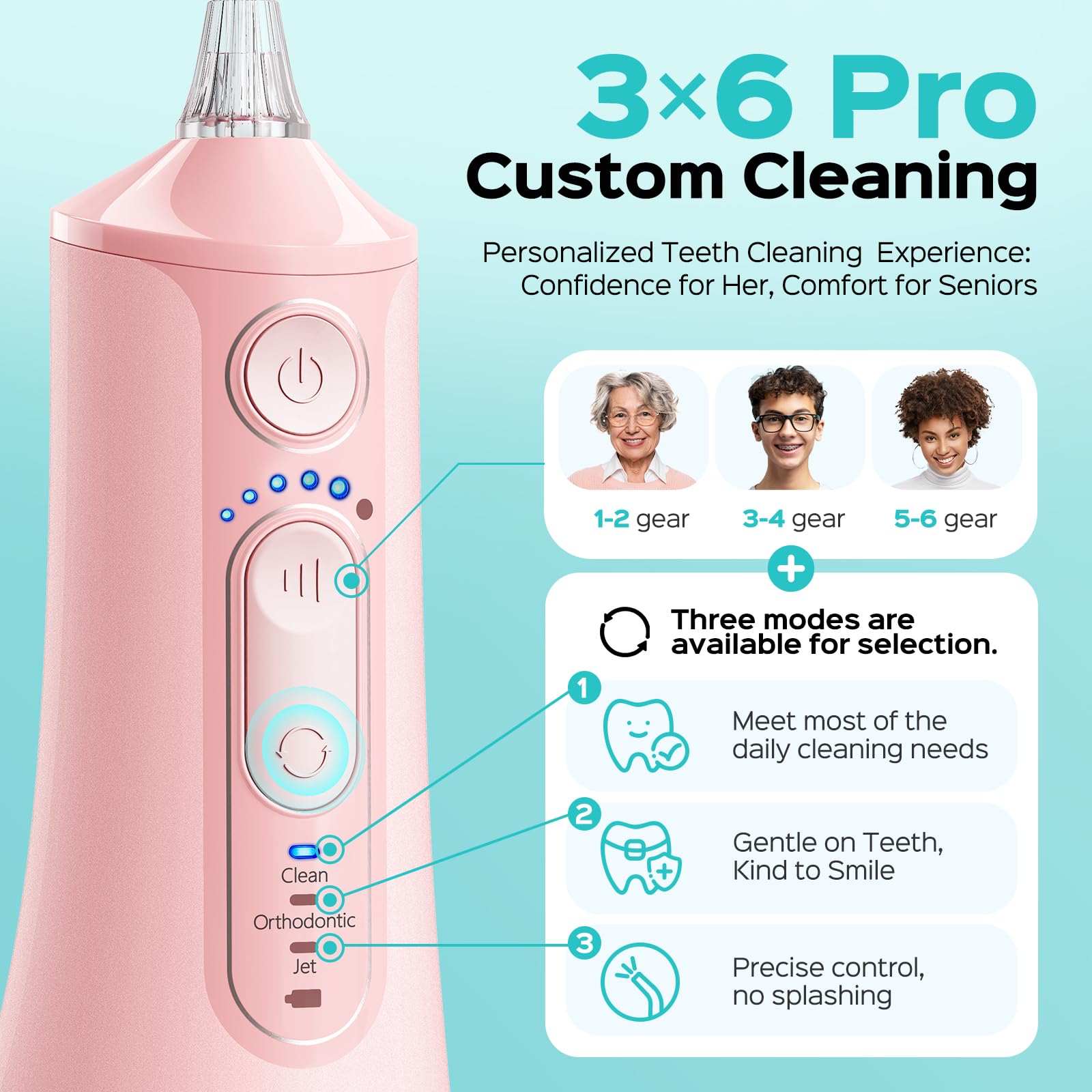 COSLUS C51 Portable Water Teeth Flosser: 3 Modes & 6 Pressure Settings for Whole Family Various Cleaning Need, Jet Mode for Beginner-Friendly, Compact for Travel, 300ml Tank, IPX7 Waterproof, Pink 🍁 All In One Marketplace Canada