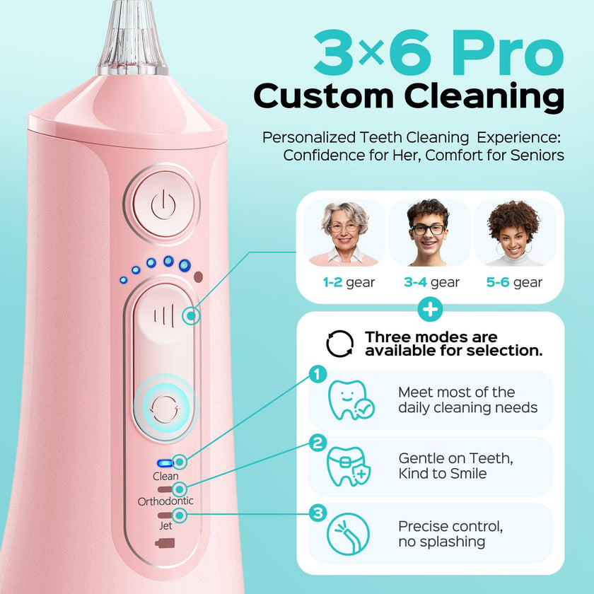 COSLUS C51 Portable Water Teeth Flosser: 3 Modes & 6 Pressure Settings for Whole Family Various Cleaning Need, Jet Mode for Beginner-Friendly, Compact for Travel, 300ml Tank, IPX7 Waterproof, Pink 🍁 All In One Marketplace Canada