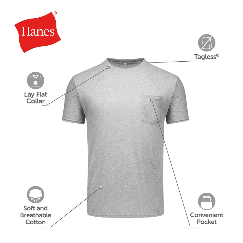 Hanes Men's Pocket Undershirt Pack, Cotton Crew Neck T-Shirt, Moisture Wicking Tee, Assorted 6-Pack, Grey Heather, Black, White, Navy, Blue Heather, XX-Large 🍁 All In One Marketplace Canada