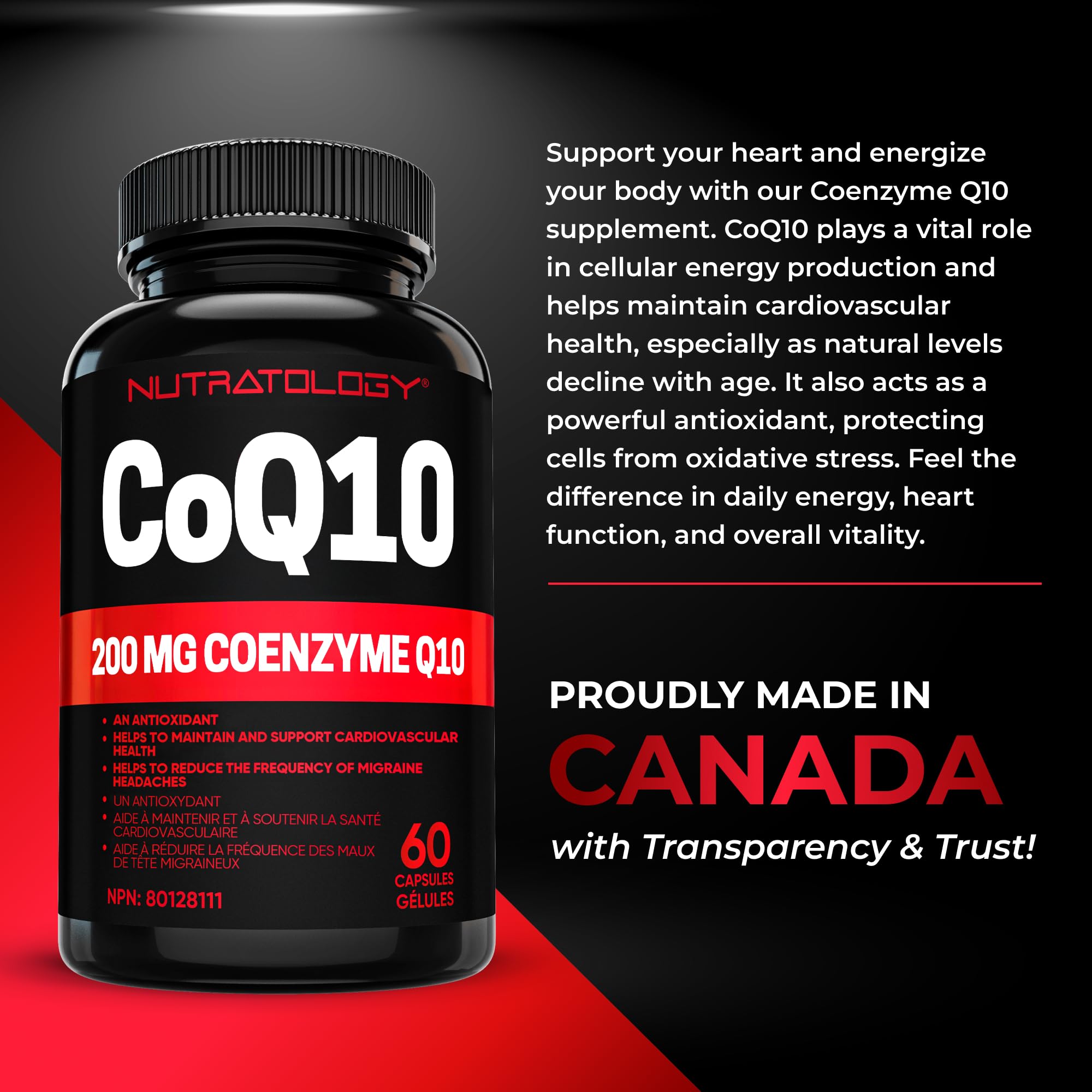 Nutratology® Coenzyme Q10 (CoQ10) 200MG - Cardiovascular Health Support - Antioxidant for Heart Health - Helps Reduce the Frequency of Migraines - CoQ10 Supplement - 60 Capsules 🍁 All In One Marketplace Canada