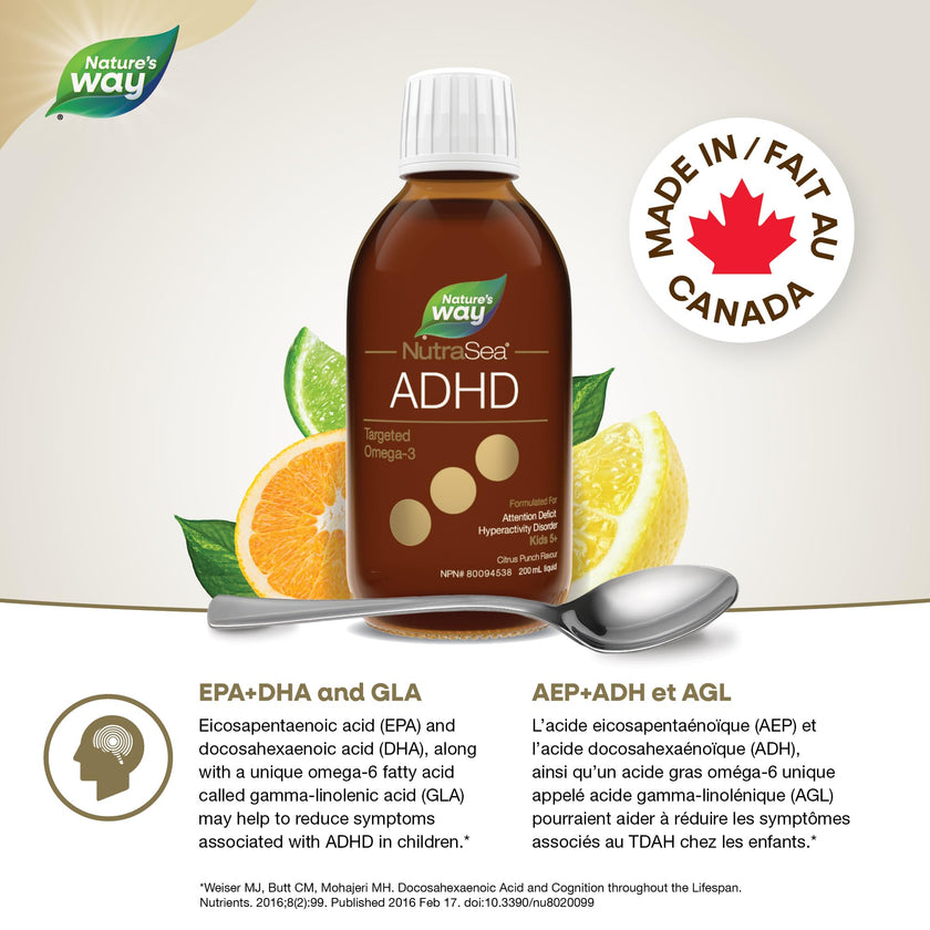 Nature's Way NutraSea ADHD Targeted Omega-3, For kids age 5+, 940 mg of EPA + DHA, 80 mg of GLA, 500 IU Vitamin D3, 200 ml Liquid 🍁 All In One Marketplace Canada