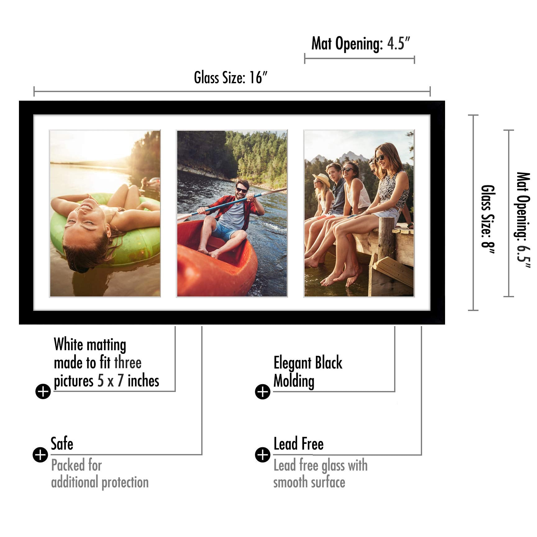 Americanflat 5x7 Picture Frame Collage with Shatter-Resistant Glass - Fits Three 5x7 Photos or Use as One 8x16 Frame - Signature Collection - Collage Frames for Tabletop and Wall Display - Black 🍁 All In One Marketplace Canada