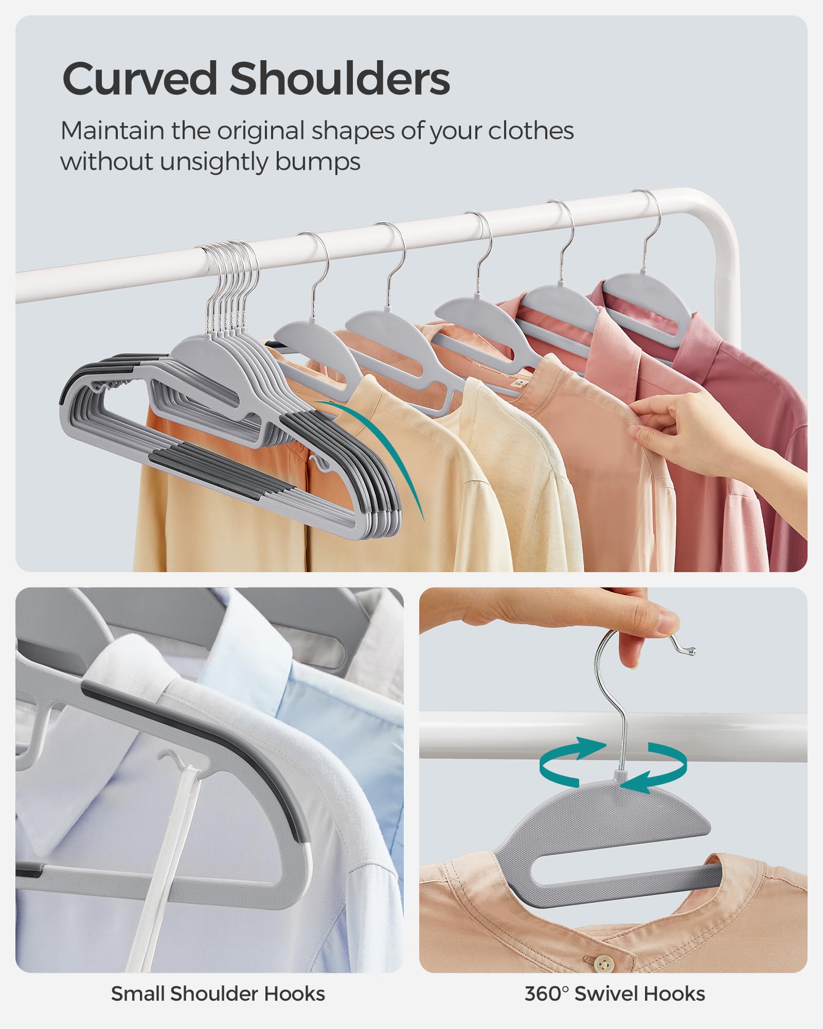SONGMICS 50 Pack Coat Hangers, Heavy-Duty Plastic Suit Hangers, S-Shaped Opening, Non-Slip, Space-Saving, 360º Swivel Hook, 16.3 Inches Long, Light Gray and Dark Gray UCRP41G-50 🍁 All In One Marketplace Canada