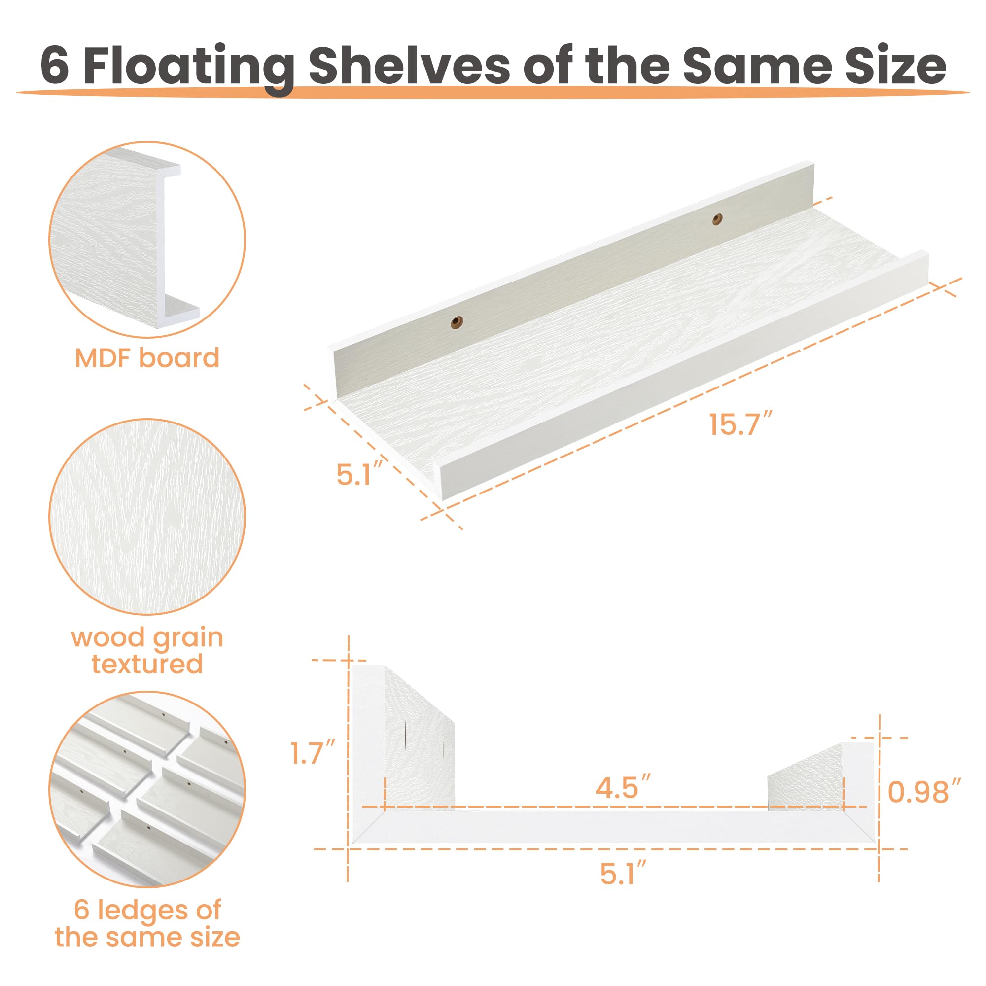 upsimples Floating Shelves for Wall, Decor Storage Set of 6, Wall Mounted Wood Shelves for Bedroom, Living Room, Bathroom, Kitchen, Picture Ledge Shelves, White 🍁 All In One Marketplace Canada