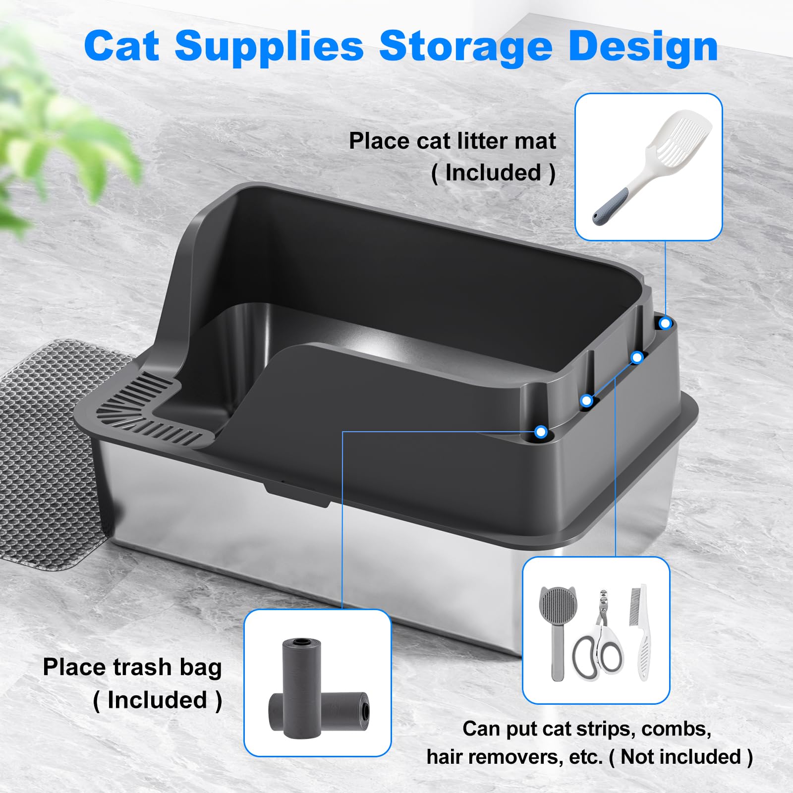 Stainless Steel Cat Litter Box with Lid, XL Litter Box for Big Cats, High Sided Metal Pan, Anti Leakage,Odor-Free & Easy Cleaning,Included Scoop &Trash Bag*2 & Mat & Sticker (Grey) 🍁 All In One Marketplace Canada