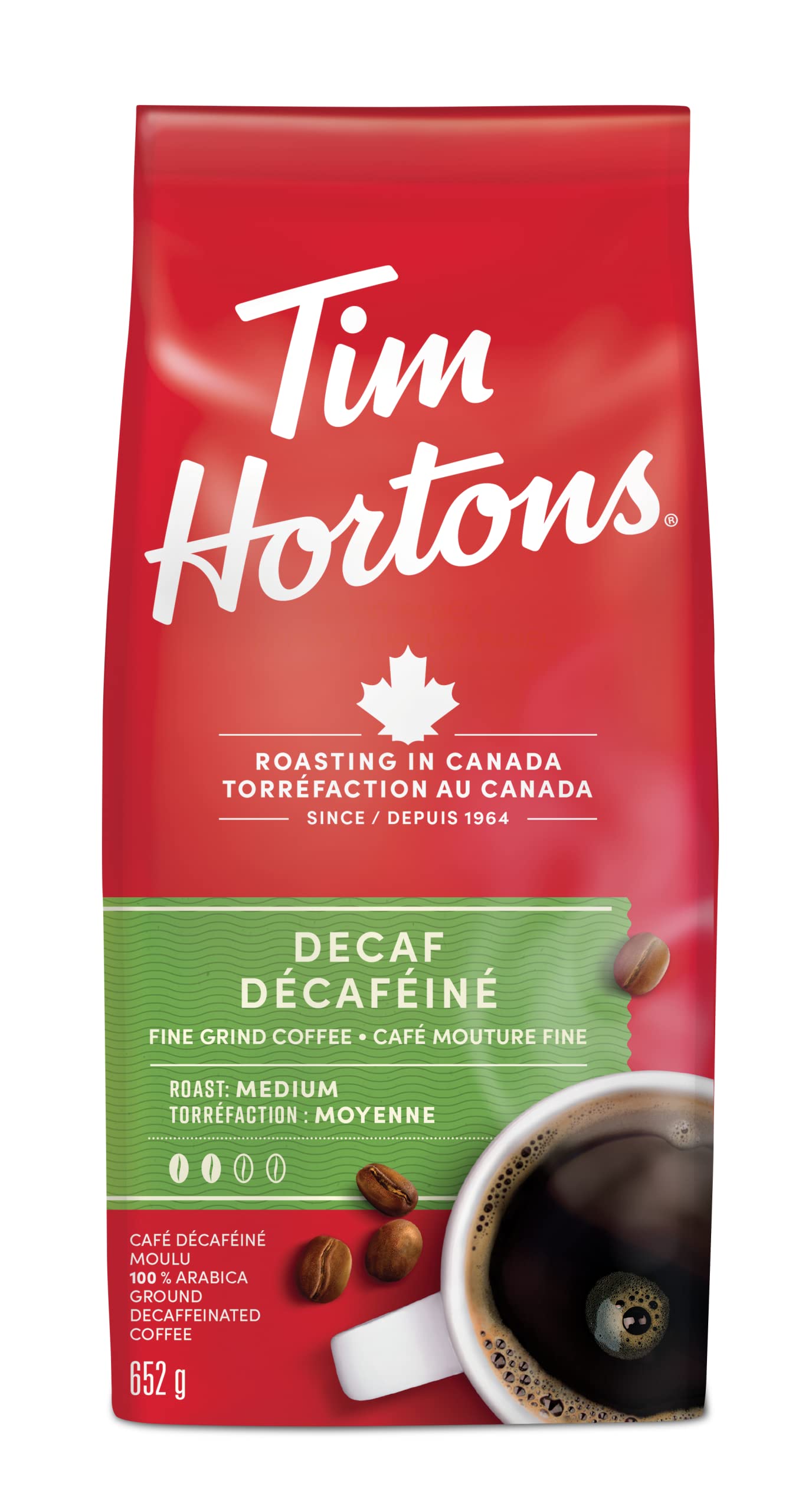 Tim Hortons Decaf, Fine Grind Coffee, Medium Roast, Made with 100% Arabica Beans, 652g Bag 🍁 All In One Marketplace Canada
