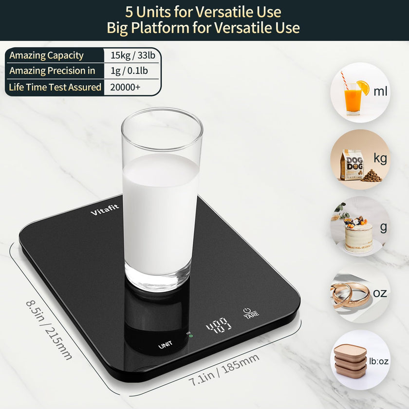Vitafit 33lb/15kg Digital Food Scale in High Precision 0.1oz/1g, Our Own Kitchen Scale Professional Factory Since 2001, Scale Grams for Cooking & Baking, LED, 3*AAA Battery, Spray Silver Black 🍁 All In One Marketplace Canada