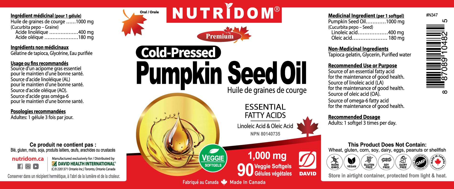 Nutridom Pumpkin Seed Oil Capsules 1000 mg, 90 Veggie Softgels, Cold-Pressed, Essential Fatty Acids, Linoleic & Oleic Acid, Vegan, Non-GMO, Gluten Free, Soy Free, Made in Canada 🍁 All In One Marketplace Canada