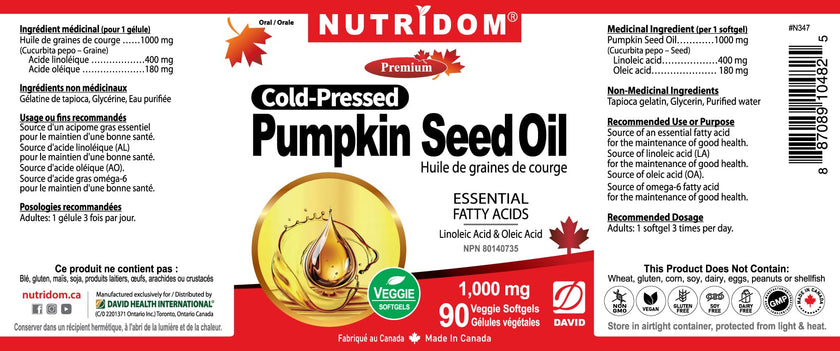 Nutridom Pumpkin Seed Oil Capsules 1000 mg, 90 Veggie Softgels, Cold-Pressed, Essential Fatty Acids, Linoleic & Oleic Acid, Vegan, Non-GMO, Gluten Free, Soy Free, Made in Canada 🍁 All In One Marketplace Canada