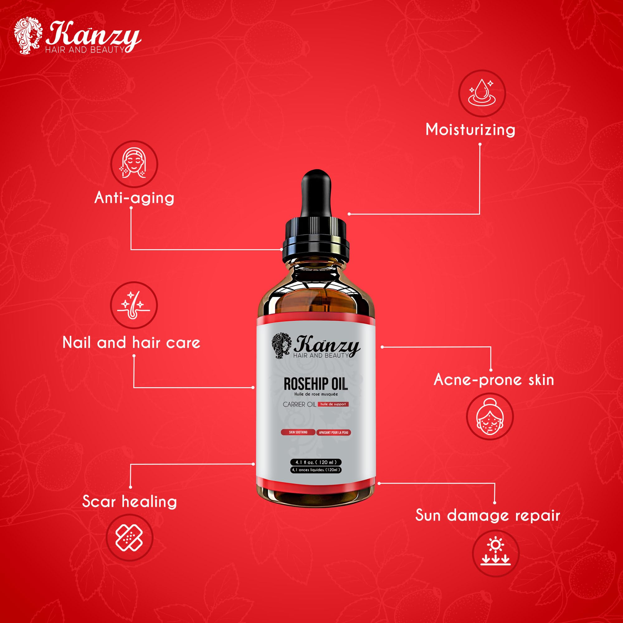 Kanzy Rosehip Oil for Face 120ml - Cold-Pressed Rosehip Oil for Skin, Hair, Nails & Body | Vegan & Cruelty-Free Moisturizing Oil for Daily Use 🍁 All In One Marketplace Canada