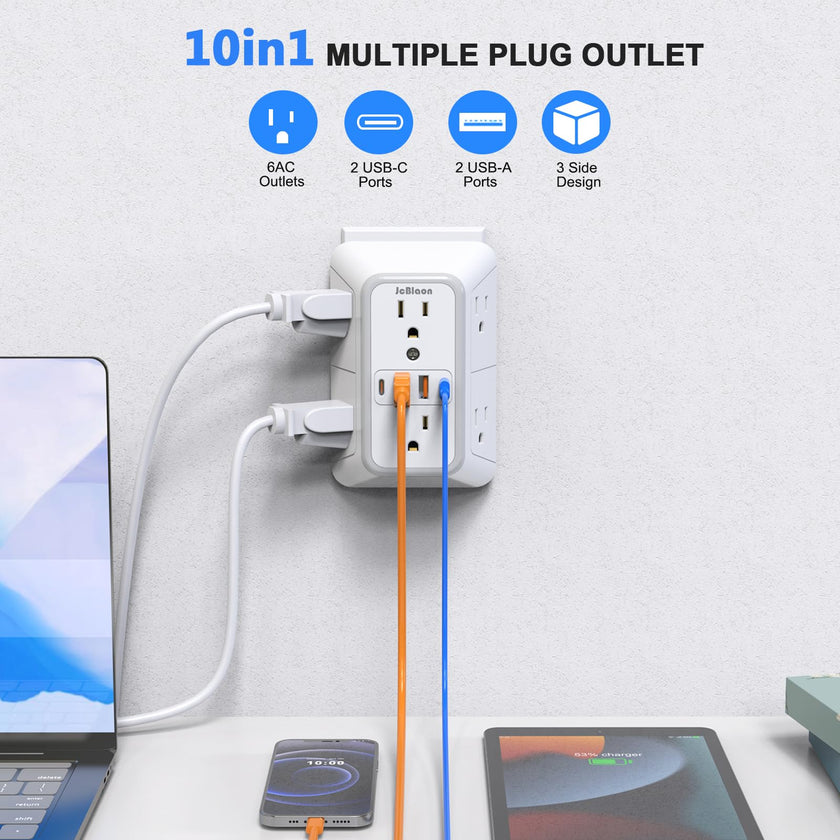 JcBlaon Outlet Extender Surge Protector - 6 Outlet Splitter with 4 USB Ports (2 USB C), Multiple Plug Expander Wall Charger, 3 Sided Multi Plug Wall Adapter Power Strip for Home Office Kitchen Travel 🍁 All In One Marketplace Canada