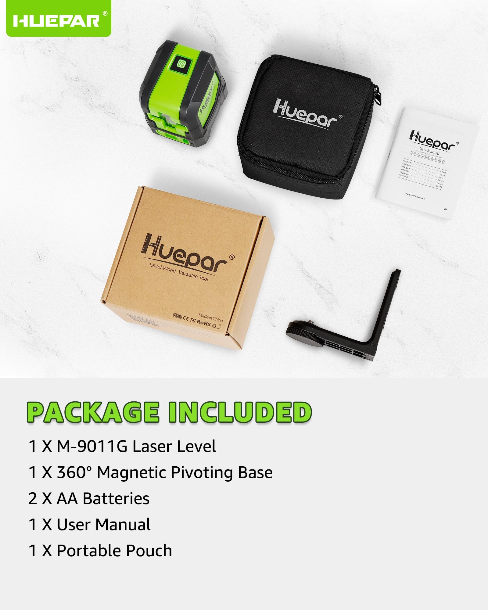 Huepar Laser Level Self Leveling, Classical Cross Line Indoor DIY Use Green Lines, 100Ft Visibility Horizontal and Vertical Line Level, 360° Magnetic Pivoting Base 9011G 🍁 All In One Marketplace Canada