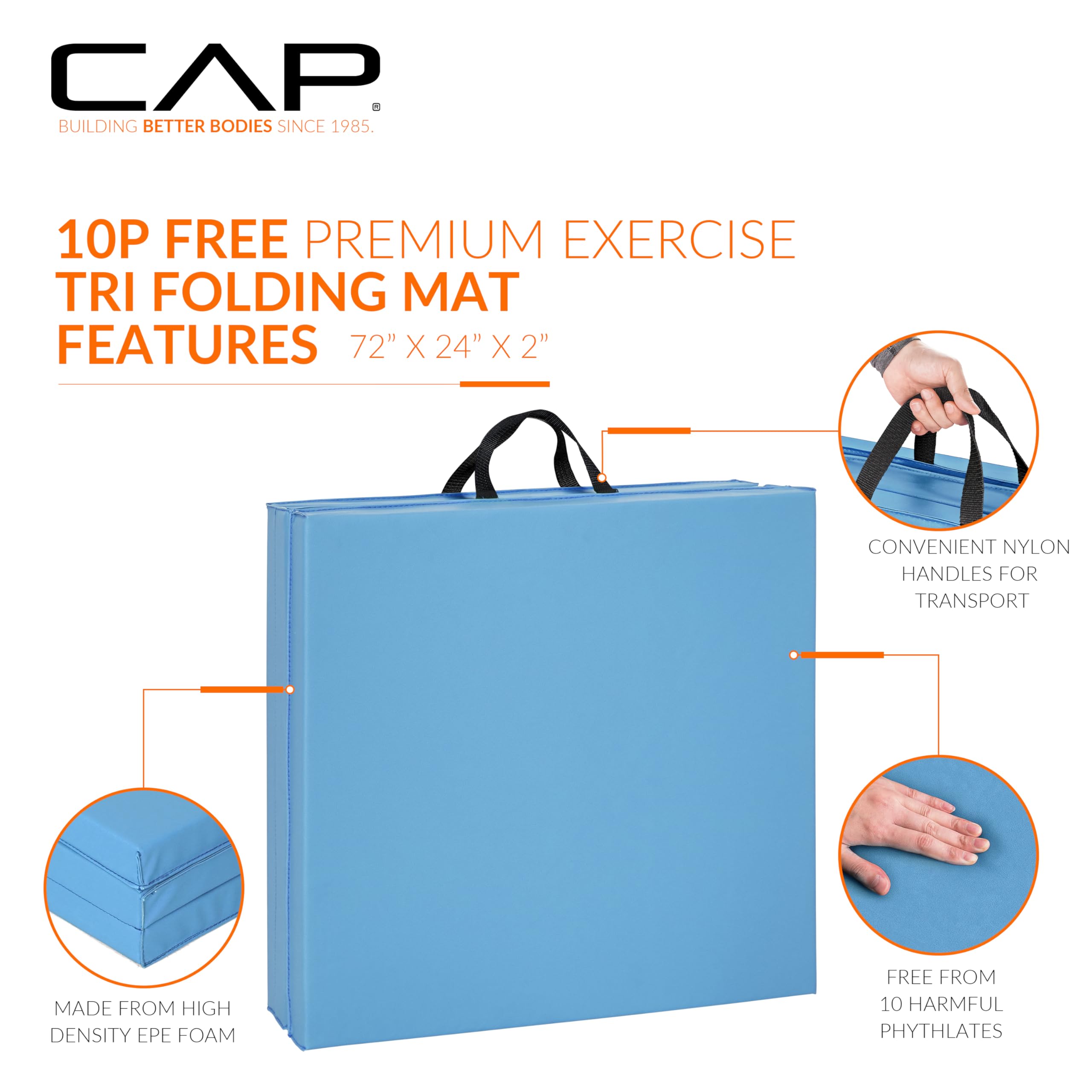 CAP Barbell Folding Exercise Mat – Durable, Anti-Tear, Thick Padding for Fitness, Aerobics, Gymnastics & Home Workouts. 72