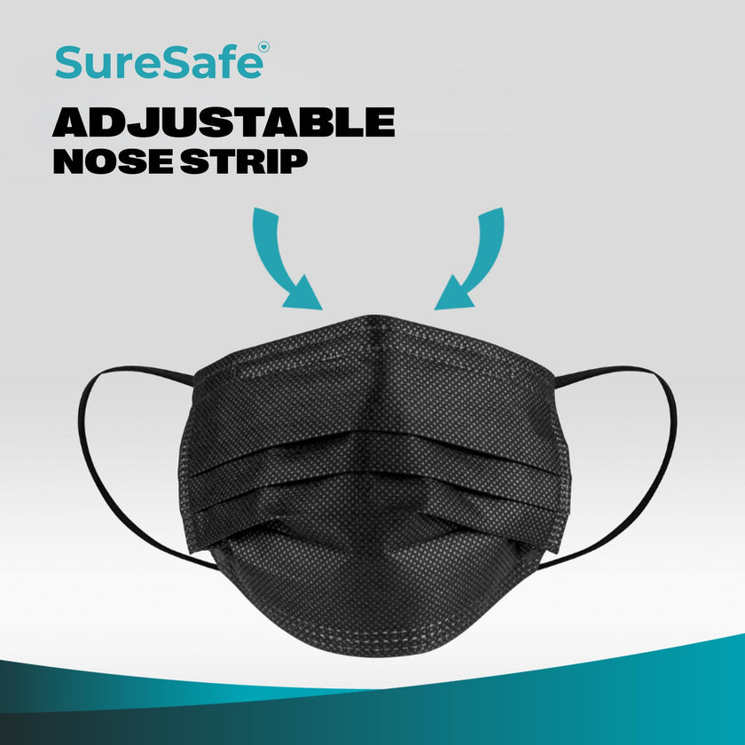 SURESAFE Premium Black Mask - Disposable Face Mask Pack of 100, 3 Ply face mask with Ear Loop, Women and Men Face Mask, High Filtration 🍁 All In One Marketplace Canada