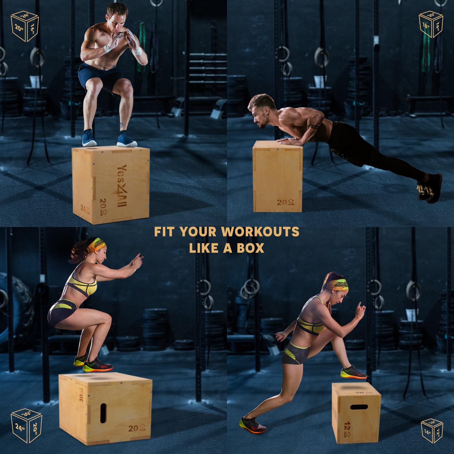 Yes4All 3-in-1 Wooden Plyo Box, Jumping Plyometric Step Platform for Home Gym, 450lb Capacity with Wide Built-in Handles (16