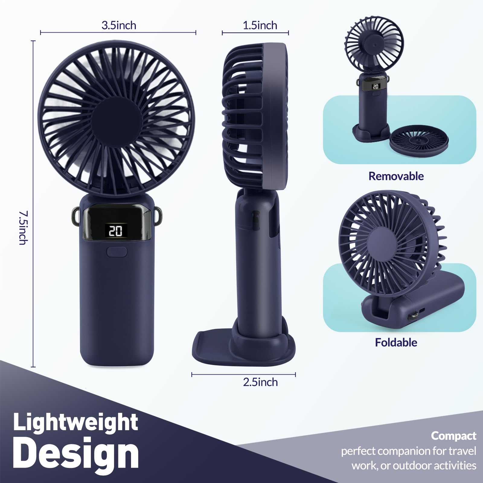 Portable Handheld Fan Rechargeable Small Fan 5 Speeds with Lanyard and Base USB Desk Fan Foldable Quiet Personal Fan with LED Display for Office, Home, Travel, Outdoor 🍁 All In One Marketplace Canada